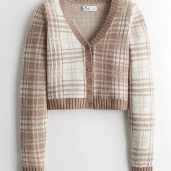 Hollister Crop Slim Cardigan in Light Brown Plaid - Size Large - Picture 1 of 4